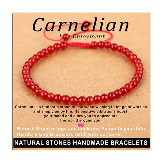 AD Beads 4mm Carnelian Bracelet - Stone of Life Enjoyment - Handmade Natural Stone Crystal Bracelet with Adjustable Macrame String - Yoga Healing Power Energy Gifts for Men and Women