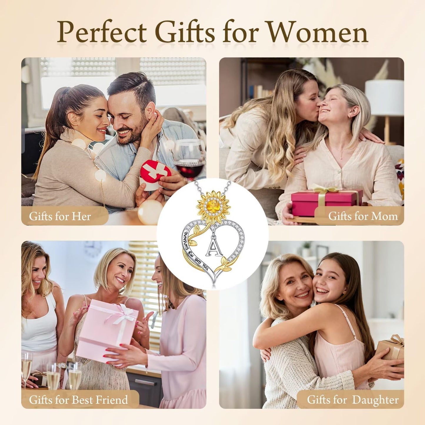 MONOOC Sunflower Necklace for Women Friends - Friendship Gifts for Women, Sunflower Jewelry for Woman Heart Initial Letter J Necklace Anniversary Birthday Gifts for Woman Friends Mom