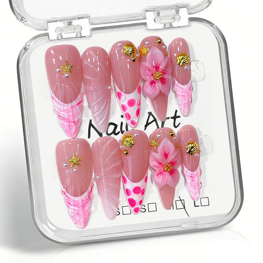 10 Pcs Handmade Press on Nails Long Stilettos Fake Nails with 3D Flowers Star Bell Charms Design Pink White French Tip False Nails Stiletto Press Ons Nails Acrylic for Women Wedding Manicure - M Size