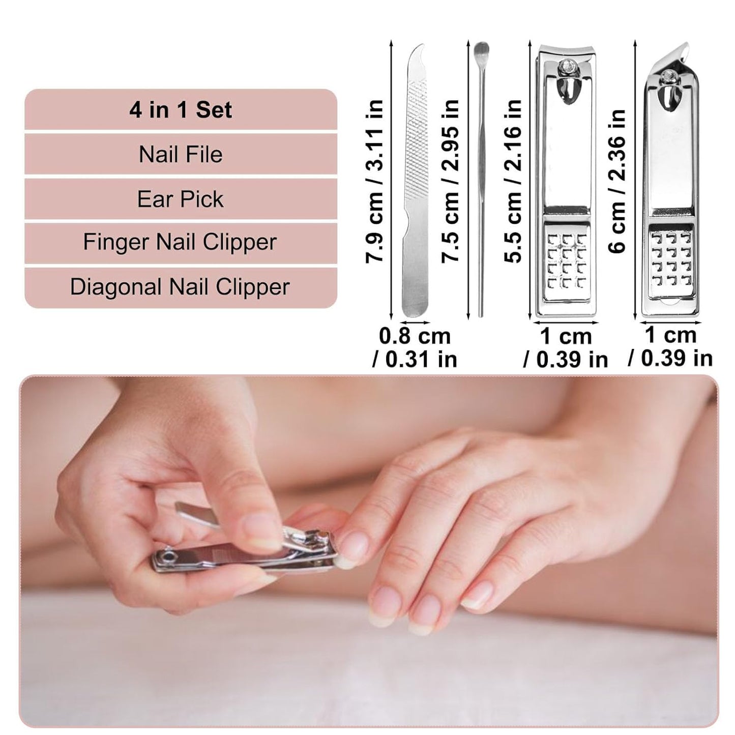 16 Sets Travel Manicure Set Professional Nail Clipper Kit Bulk,4 in 1 Adult Stainless Steel Travel Manicure Kit with Case Individually Wrapped Nail Clippers Bulk for Homeless,Hotel,Charity（Pink）