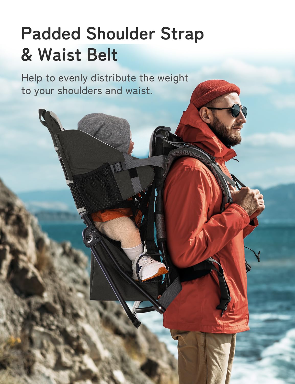 besrey Baby Backpack Carrier, Toddler Hiking Backpack with Safety 3-Height Seat, Adjustable Straps&Waist Belt, Foldable Frame Lightweight Large Capacity Child Carrier for Hiking (Black)