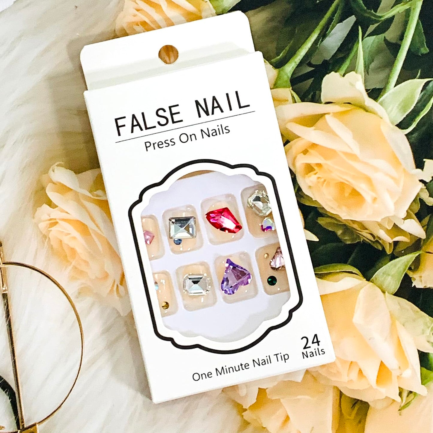 Vezocim Press on Nails Square Short Pink 24Pcs Press on Nails with Heart Rhinestone Gems Designs Glossy Full Cover Acrylic Short Coffin False Nails Glue Fingernails Artificial Fake Nails for Women