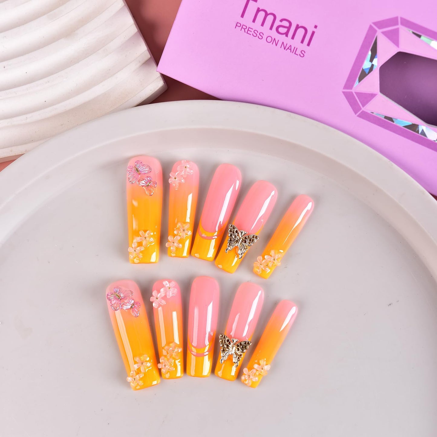 Tmani 10pc/set Extra Long Handmade Press On Nail Hot Girl's Long Ballet Nails Square Nail Full of Diamond Glitter Decoration Fake Nails Suitable For Girls Festival Parties and Birthday Gift (279,M)