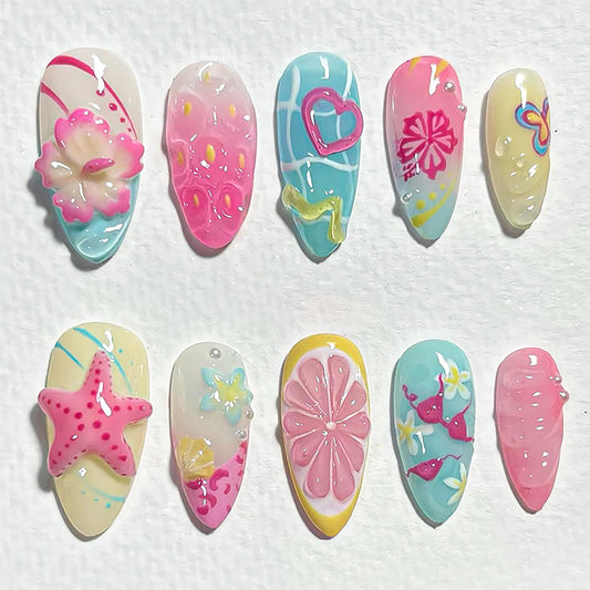 NZRAESTRS 30Pcs Summer Press on Nails Medium Almond Fake Nails with 3D Starfish Designs, 30pcs Beach Press on Nails, 1pc Nail File, 24pcs Nail Jelly Stickers, 1pc Wooden Stick