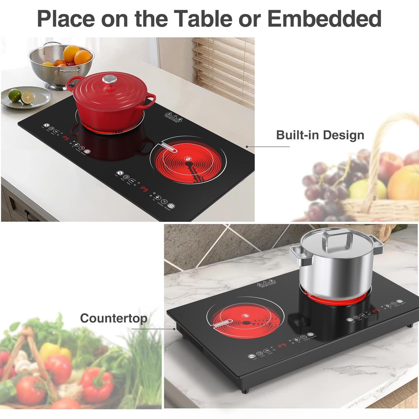 VBGK 2 Burner Electric Cooktop,110V 2400W Electric Stove Top with Touch Control,9 Heating Level,Timer & Kid Safety 2 burner cooktop.