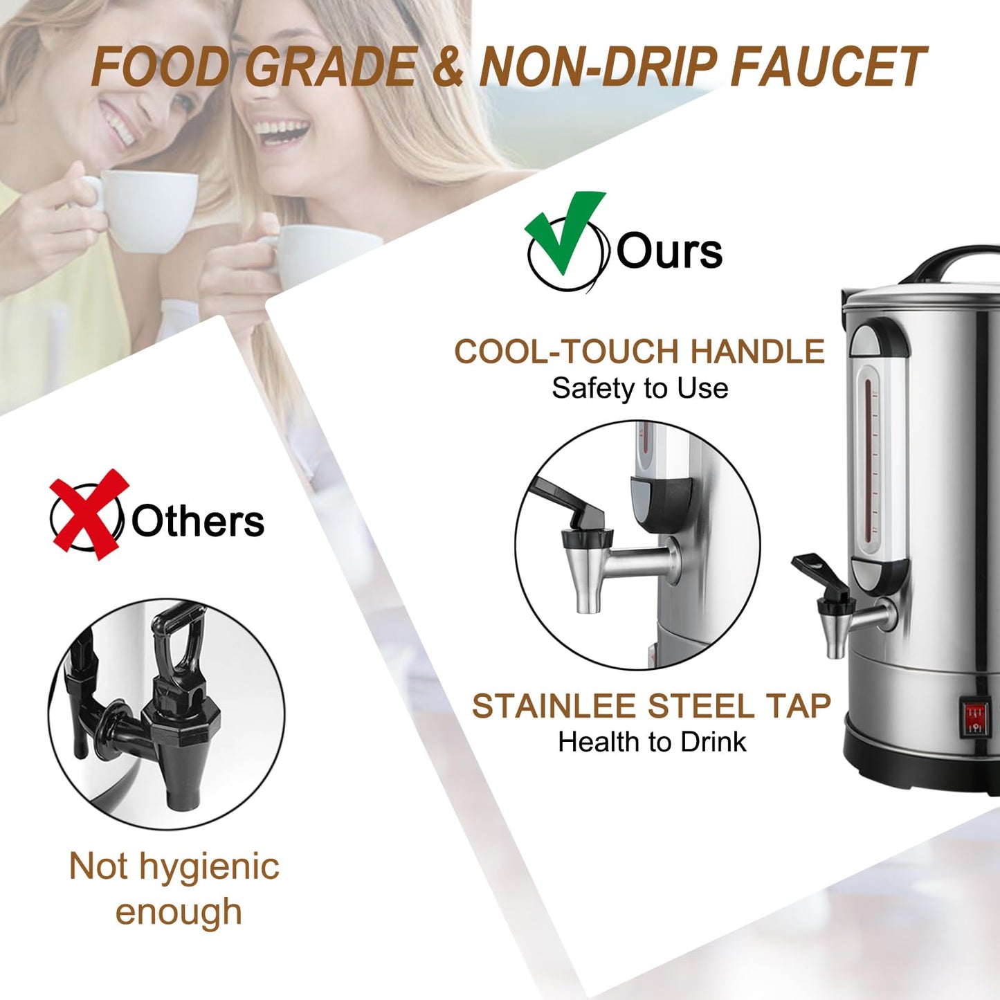 GOLREAN Commercial Coffee Maker 100 Cup Coffee Urn Hot Beverage Dispenser 4 Gallon 16L Large Coffee Urn Dual Layers 304 Stainless Steel 1300W Fast Brew Percolator For Business, Catering, Church