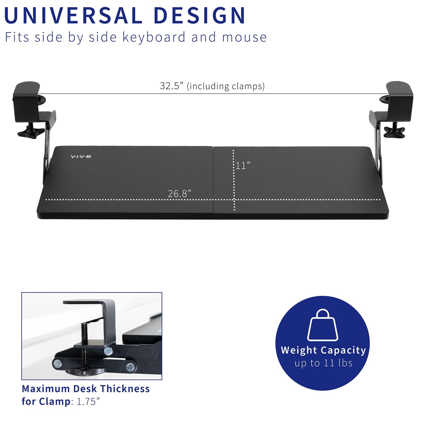 VIVO Large Clamp-on 27 (33 Including Clamps) x 11 inch Computer Keyboard and Mouse Tray with 12 Setting Swinging Height Adjustment, Platform Drawer for Typing, Black, MOUNT-KB08V
