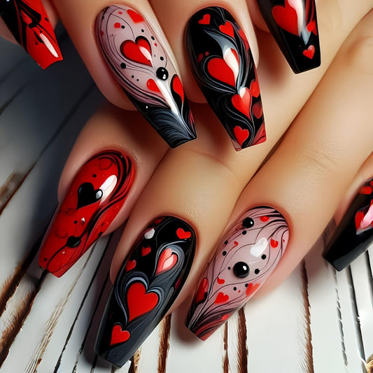 CJDLTS Heart Press On Nails Long Length Ballet Shaped Full Cover Glossy Acrylic False Nails 24pcs/Box Red, Black Hearts