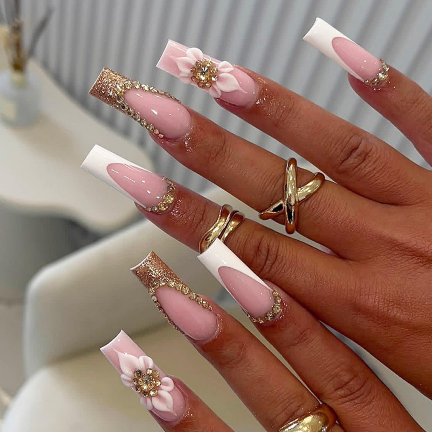 Long Press on Nails Square Fake Nails French White Acrylic Nail Press ons Seeneey Floral and Rhinestones Designs Sparkly Stick on Nail for Women 24pcs