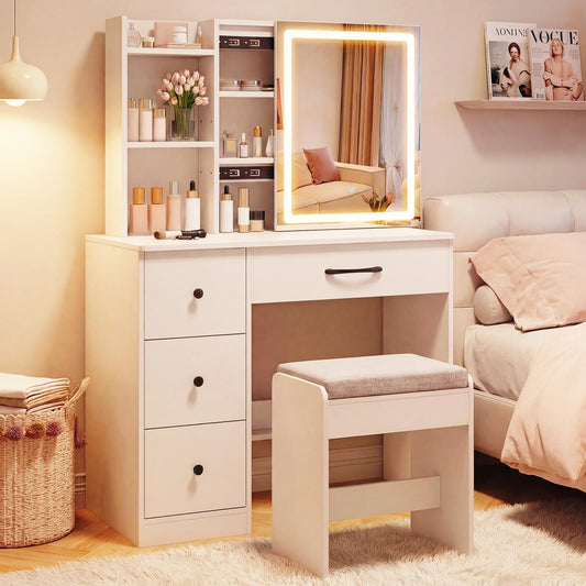 CHARMAID 38" Vanity Desk with Lighted Sliding Mirror, Adjustable LED Lighting, Hidden Storage, 4 Drawers & 3 Shelves, Cushioned Stool, Modern Makeup Vanity Dressing Table Set for Bedroom, White