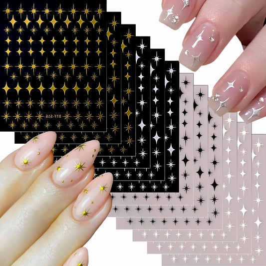 12 Sheets Star Nail Stickers for Nail Art 3D Self Adhesive Nail Decals Black White Silver Gold Star Nail Art Stickers Shiny Nail Design Stars Nail Supplies for Women Acrylic Manicure DIY Decoration