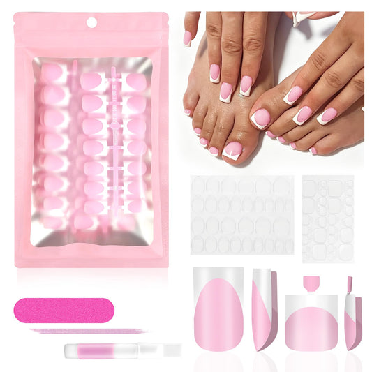 60Pcs Light Pink French Tip Press on Nails & Press on Toenails Set, Square Fake Nails Kit with Nail Glue, 15 Sizes Acrylic Full Cover Toe Nail Press Ons Stick on Nails for Women DIY Home Manicure
