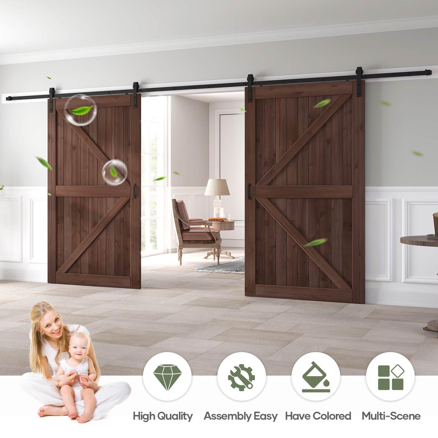 ROYMELO Double 48x96 inch Sliding Barn Wood Door Slab with 8ft Hardware Kit and Handle
