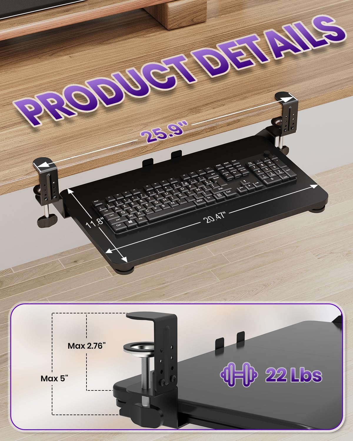 Zontera Ergonomic Mouse & Keyboard Tray Under Desk, Pull Out with Adjustable C-clamp, 20 (25.9 Including Clamps) x 11.8 Inch Slide Out Computer Keyboard Drawer Mouse Tray for Typing, Black