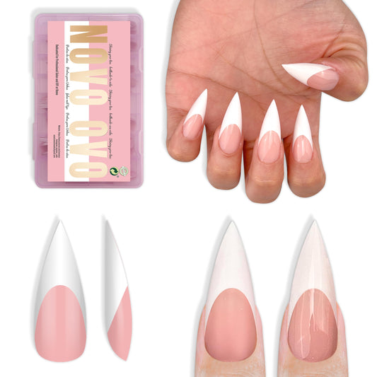 NOVO OVO White French Tip Sharp Stiletto Pointed Medium Long Nail Tips Press on Baby Pink, Soft Gel Fake Acrylic Extension, Full Cover False Nails for Salon DIY x 16 Sizes 160 pcs