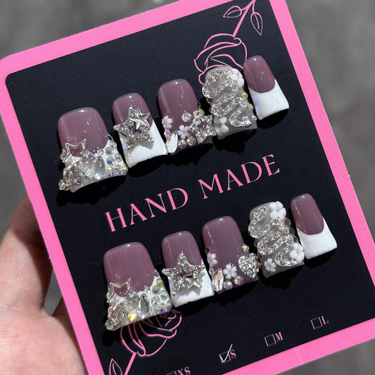 10Pcs Handmade Duck Press on Nails French Tip Fake Nails with 3D Star Rhinestone Design Reusable Acrylic False Nail Handmade Duck Nails Press ons Full Cover Artificial Stick on Nails for Women (S)