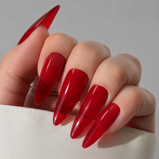 PaintLab Press On Nails - Red Jealous Stiletto Fake Nails, 30 Nails in 15 Sizes with Glue, Reusable Salon Quality Press On Nails