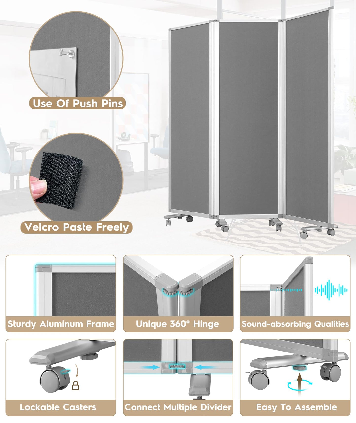 SWANCROWN Folding Office Partition 3-Panel Room Divider 71x71 in, Sliding Privacy Screen Portable Temporary Wall for Cubicle, Studio & Home Office, Soundproof Grey Felt