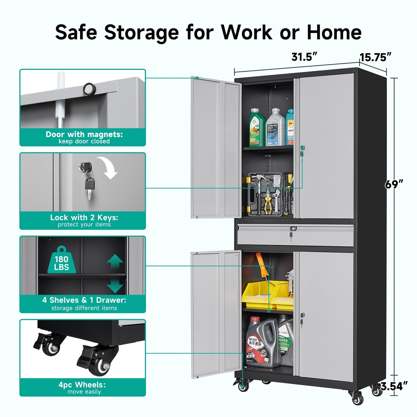 Metal Garage Storage Cabinet with Wheels and Drawer,Gray Rolling Garage Cabinet with Locking Doors and Adjustable Shelves,73" Tall Mobile Metal Storage Cabinets on Wheels for Home,Office,Garages,Tool