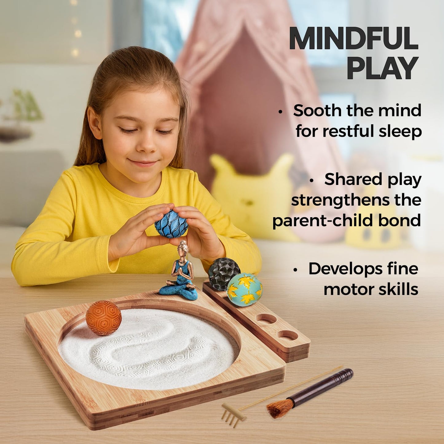 Home Moods Zen Garden for Desk - 11" Bamboo Sand Tray Therapy Kit | Meditation Gift | Sensory-Based Wellness Tool for Mindfulness & Emotional Support | Zen Decor