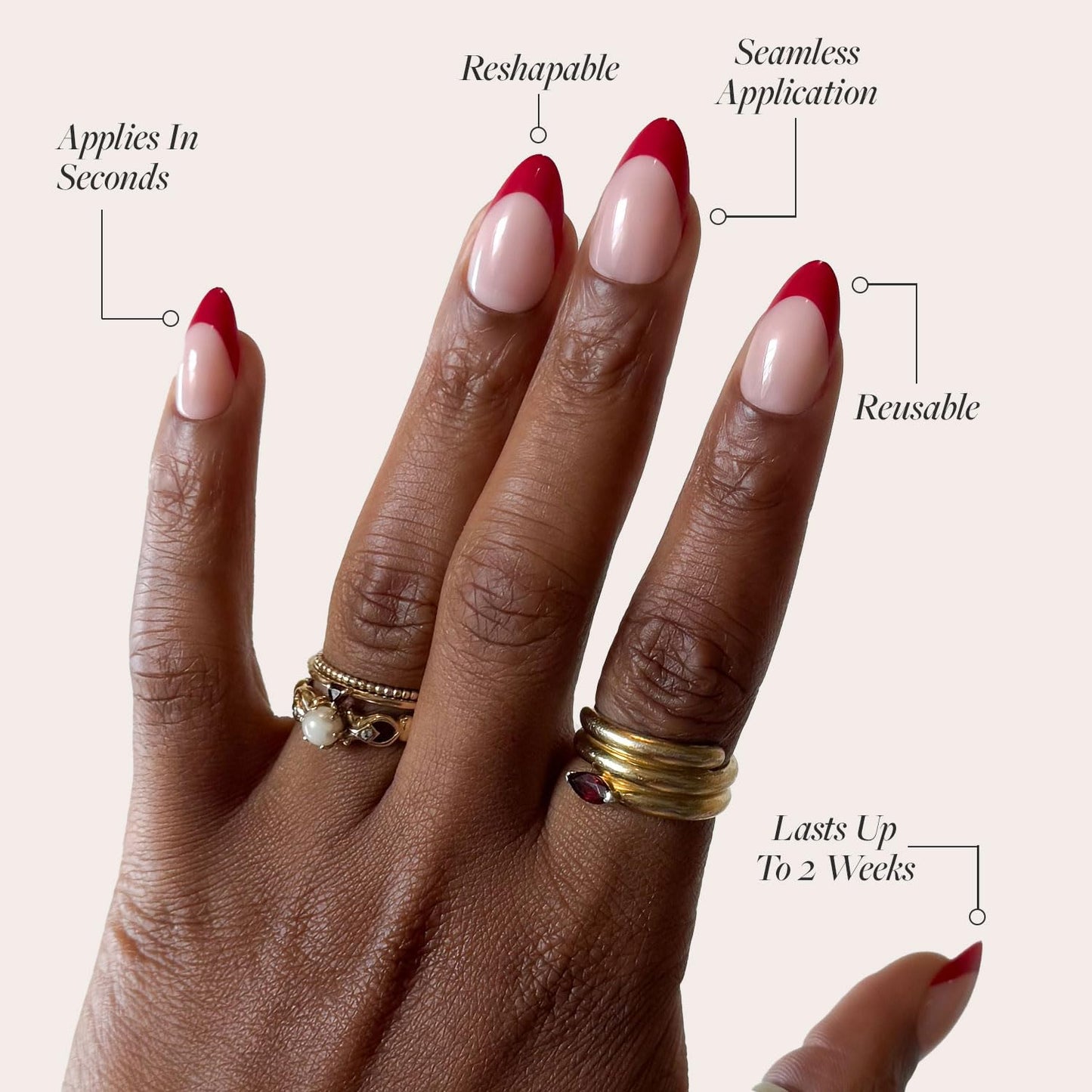 Glamnetic Press On Nails - Rose Garden | Semi-Transparent Red French Tip Short Almond Fake Nails in a Glossy Finish, Salon Quality | 15 Sizes - 30 Nail Kit