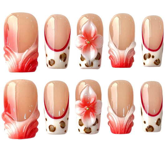 3D Handcrafted Press On Nails Medium/Short Square Length, Red French Tip Fake Nails with Leopard Print & Flower Design, Reusable Acrylic False Nails Crimbon Bloom (M)