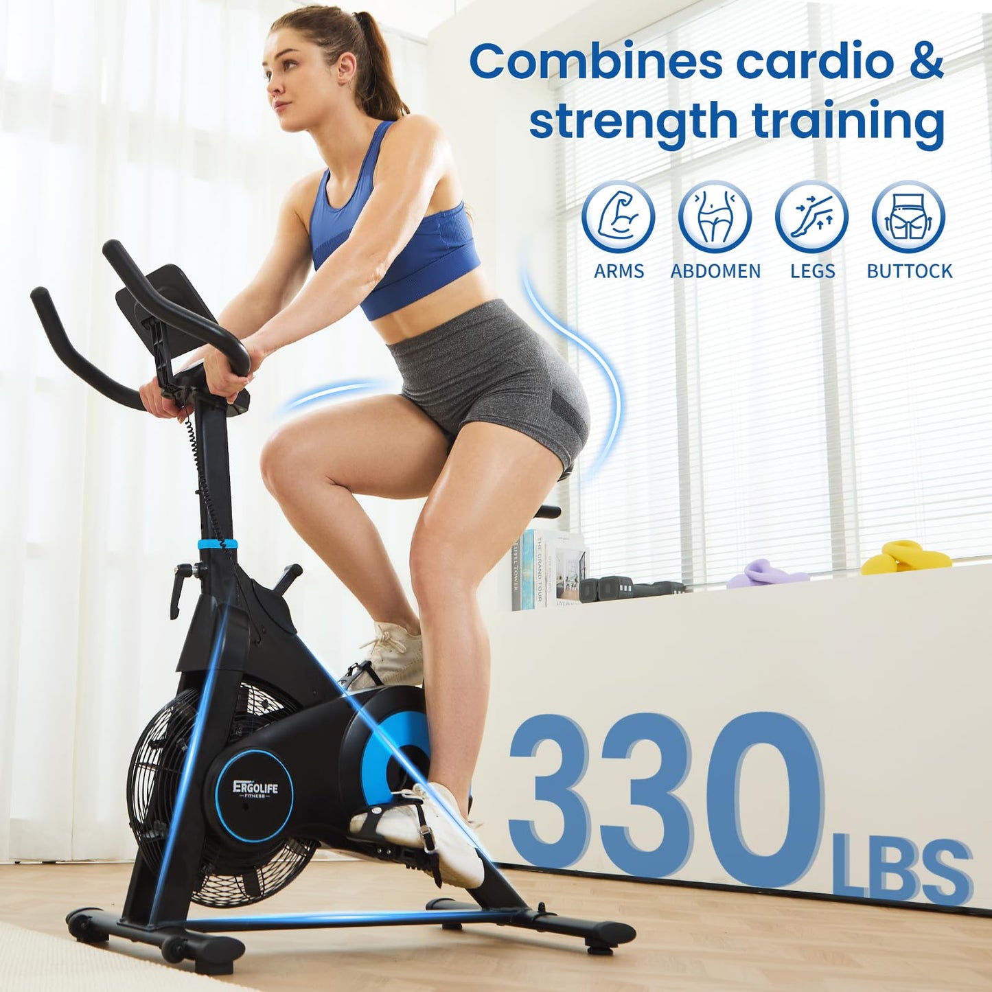 ERGOLIFE Air + Magnetic Resistance Exercise Bike, Stationary Fan Bike with Exclusive App, 8 Resistances Indoor Cycling with 300lbs Weight Capacity & Tablet Holder for Weight Loss
