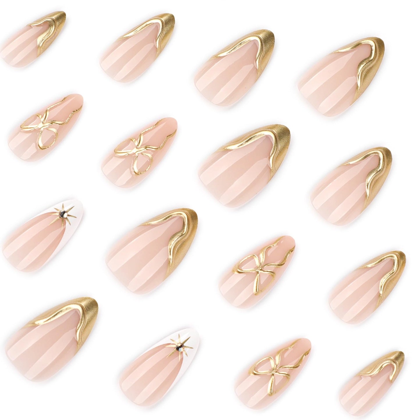 CTTHNBD Medium Press on Nails Almond - Gold French Tip Fake Nails with Bow Design - Starburst Stick on Nails for Women - 24 Pcs