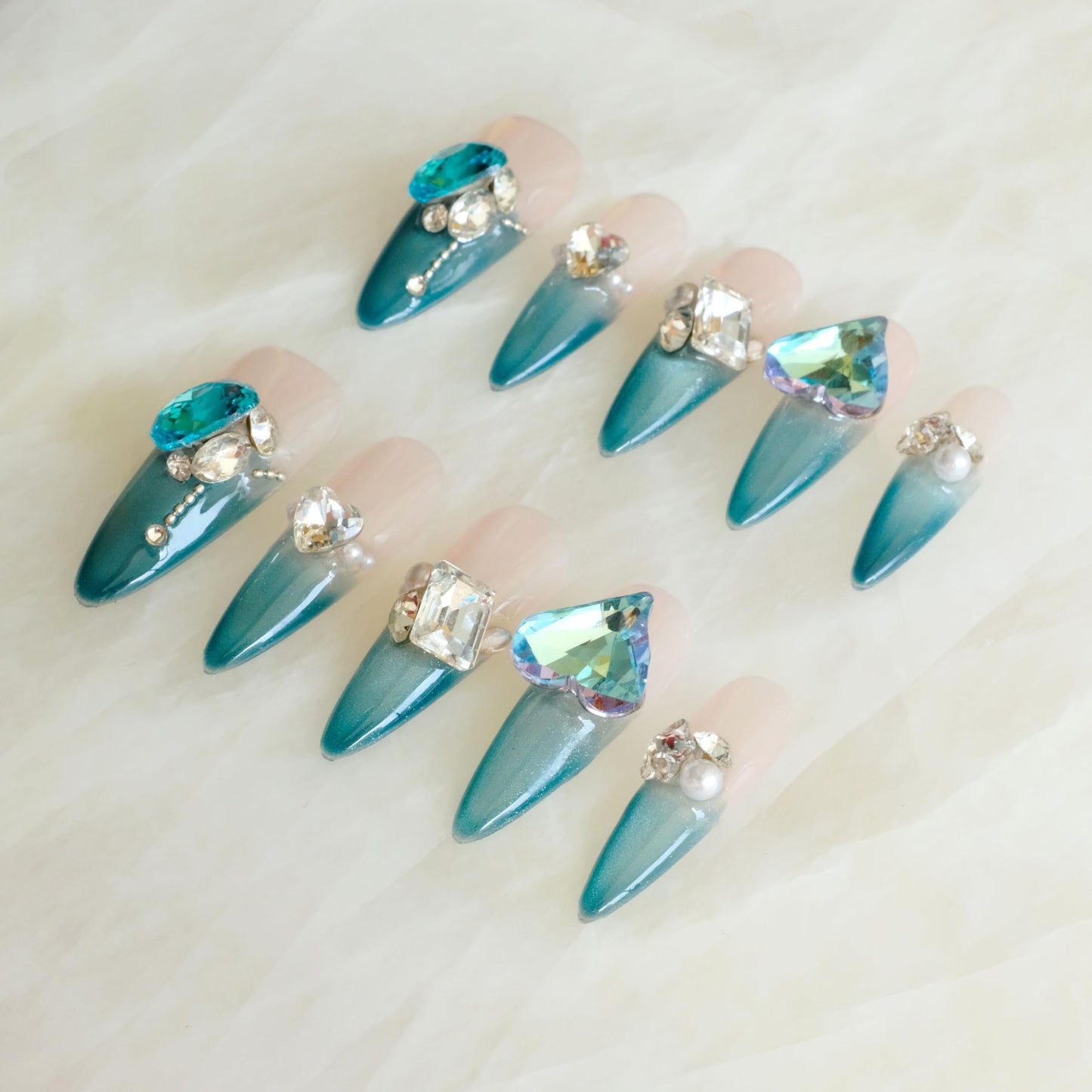 GLORS Luxury Long Stiletto Press-On Nails, Turquoise Blue Stiletto with 3D Crystals and Pearls, Handmade False Nail 10 Pieces (Small, LS)