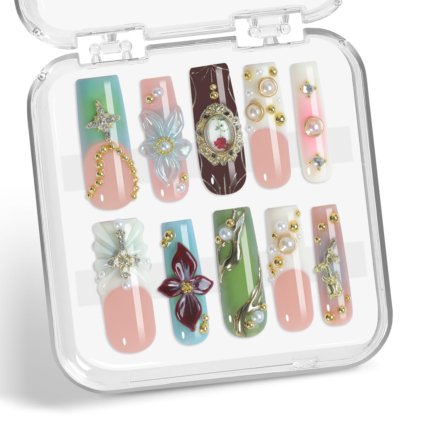 XGV Handmade Artificial Nails Press on Kit, 10pcs Medium Square Fake Nails, Floral Design, Reusable Press on Nails for Party Birthday Wedding