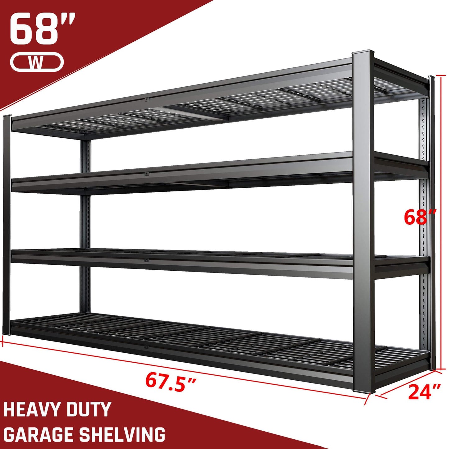 PMKES 68" W Garage Shelving Unit, 68" W x 24" D x 68" H, Heavy Duty Garage Storage Shelves, 4 Tier Storage Rack Shelf, Industrial Adjustable Shelves for Basement Warehouse