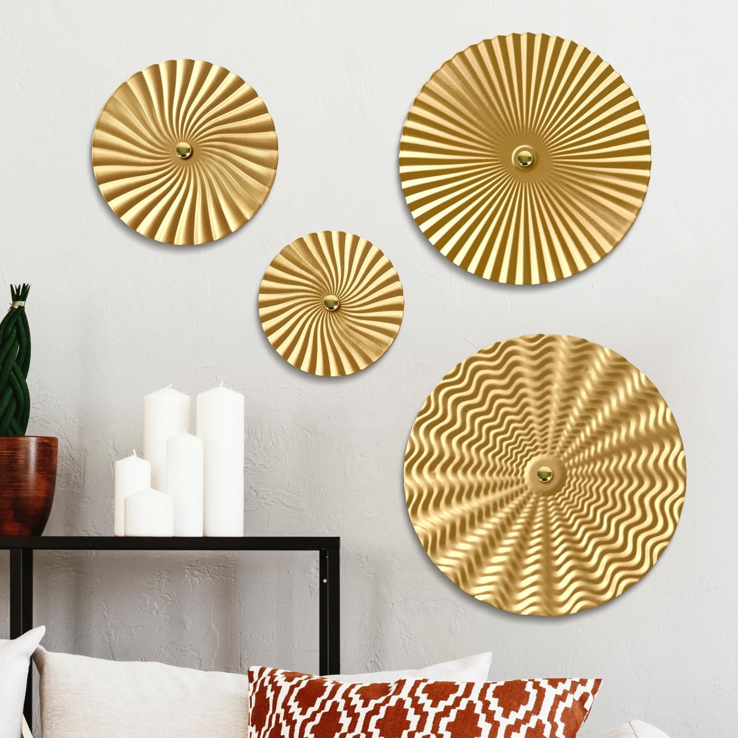 Putuo Decor 12" Starburst Metal Wall Art Set of 4, Round Ripple Hanging Sculptures in Varying Sizes, Textured Iron Wall Accents for Modern Living Room, Bedroom, Entryway or Office