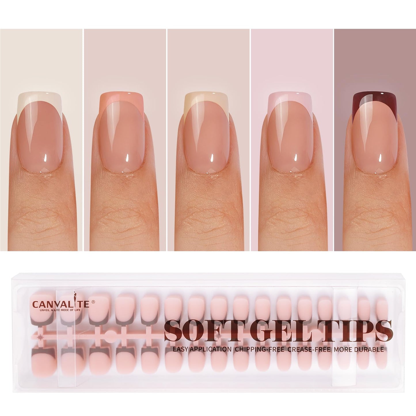 CANVALITE Soft Gel French Tip Nails, 192 Pcs Short Press on Nails for Women, Flexible Pre-Painted Nude French Tip Gel Nails, No File Need DIY Manicure Gifts for Women, Glue Not Included