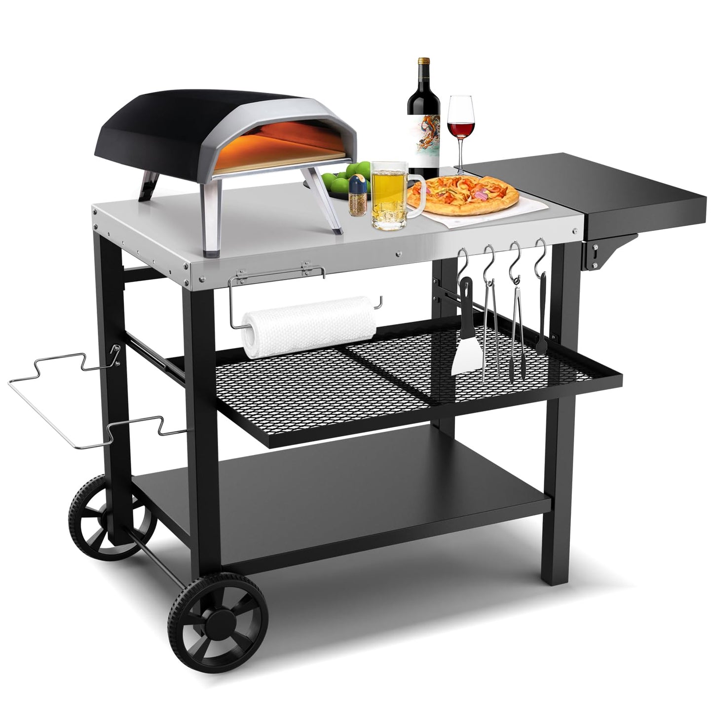 Outdoor Kitchen Island, Grill Table Cart with Drawer, Pizza Oven Stand, Movable 3-Shelf Prep Table with Side Table for Ninja Woodfire, Ooni Pizza Oven, Blackstone Griddle, Cuisinart, Barbecue tool set