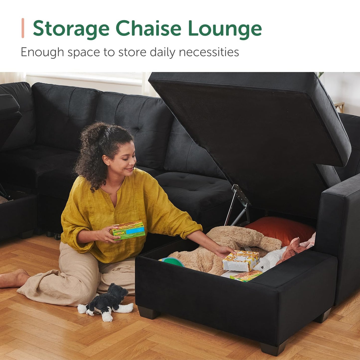 HONBAY Sectional Sleeper Sofa with Pull Out Bed, Sleeper Sectional Couch for Living Room, Sleeper Sofa Bed with Storage Chaise, Velvet Black
