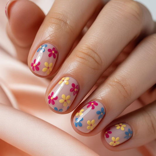 Flowers Press on Nails Square Stick on Nails with Colored Flowers Design Fake Nail Short Spring Summer Floral False Nails Full Cover Acrylic Nail for Women Art Manicure Decoration 24 Pcs