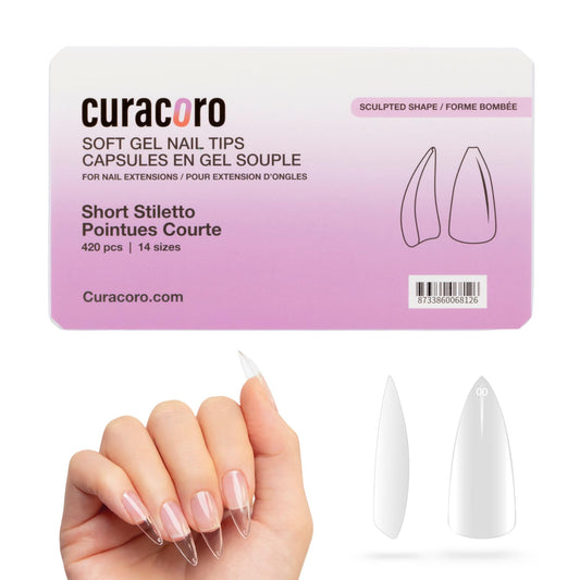 Curacoro Sculpted Short Stiletto Gel Nail Tips 420Pcs, Clear Full Cover Soft Acrylic Tips 14 Sizes, Easy to Use, Long-Lasting, Glossy Finish