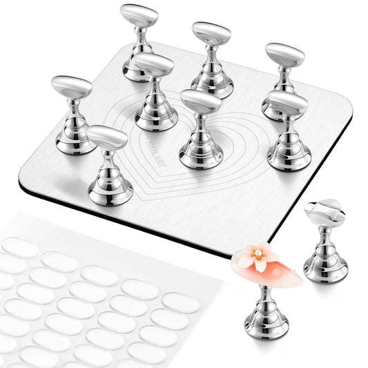 Makartt Nail Stand for Press-On Nails: Strong Magnetic, Large Flat Metal Base Holds 10 Tips at Once, Stable Holders for Nail Art Practise, Batch Painting, Design, Curing, Display, DIY Home & Salon Use