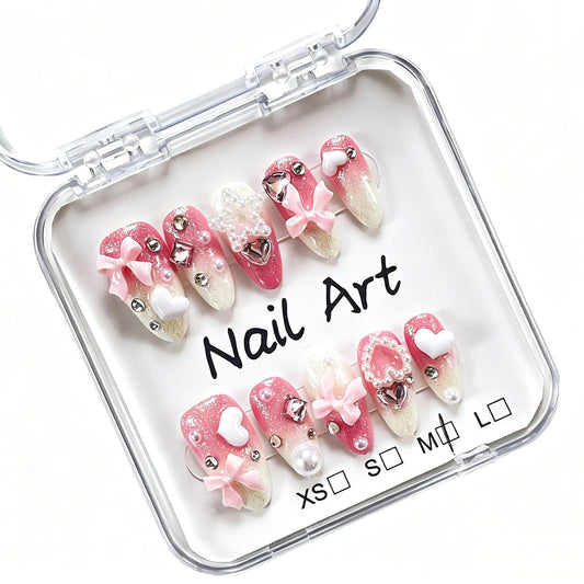 Hand made Press on Nails Medium Almond,Gradient Pink Fake Nails with Bow Art Design Reusable Nails for Women 10 Pcs(Size M)