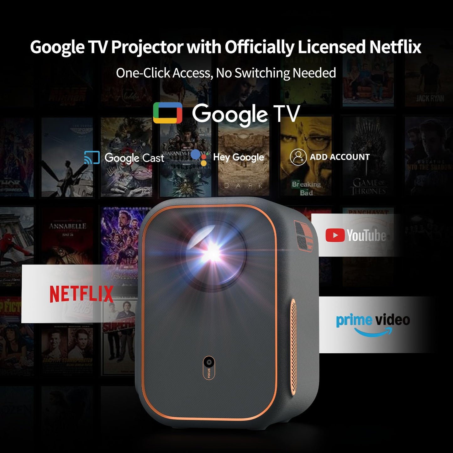 WEMAX Google TV Projector, Netflix Officially Licensed 4K Support, Mini Projector with Wifi and Bluetooth, Smart Movie Projector for Home Theater, 1080P Full HD, MAX 120" Display, Dolby Audio