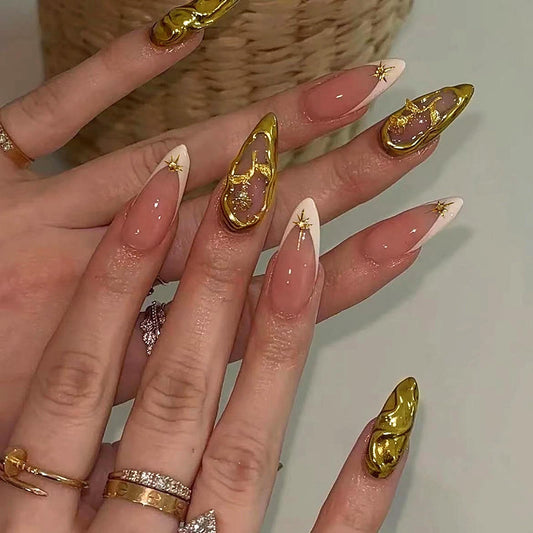MISUD Press on Nails - Medium Almond Fake Nails with White French Tip, Acrylic Gold Chrome Design 24 pcs