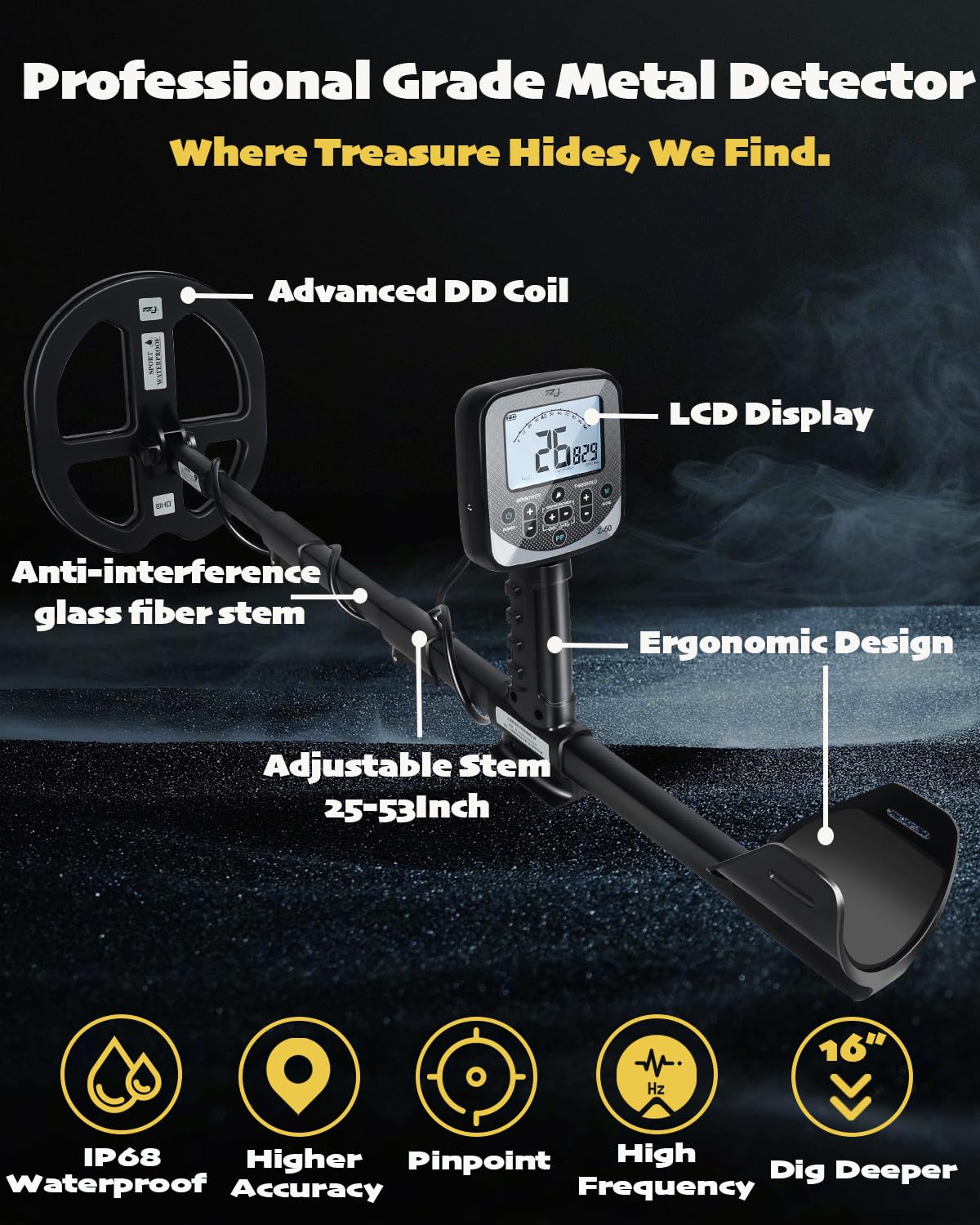 PRO-Z60 Metal Detector for Adults with Pin Pointer,16" Detection Depth Professional Metal Detector Kit High Frequency 19.23kHz Gold Detector with Ground Balance,Double-D Waterproof Coil for Beach