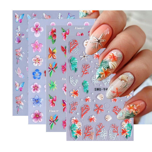 Flower Nail Stickers 5D Embossed Pearl Ocean Nail Decals 3D Self-Adhesive Summer Nail Art Stickers Coral Nail Designs Butterfly Beach Nail Art Decoration for Women Girls DIY 4 Sheets