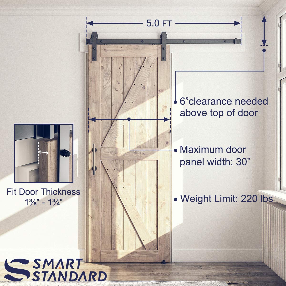 SMARTSTANDARD 5FT Sliding Barn Door Hardware Whole Kit (Include 5ft Track Kit & Pull Handle Set & Floor Guide), Smoothly and Quietly, Easy to Install, Fit 30" Wide Door Panel (J Shape)