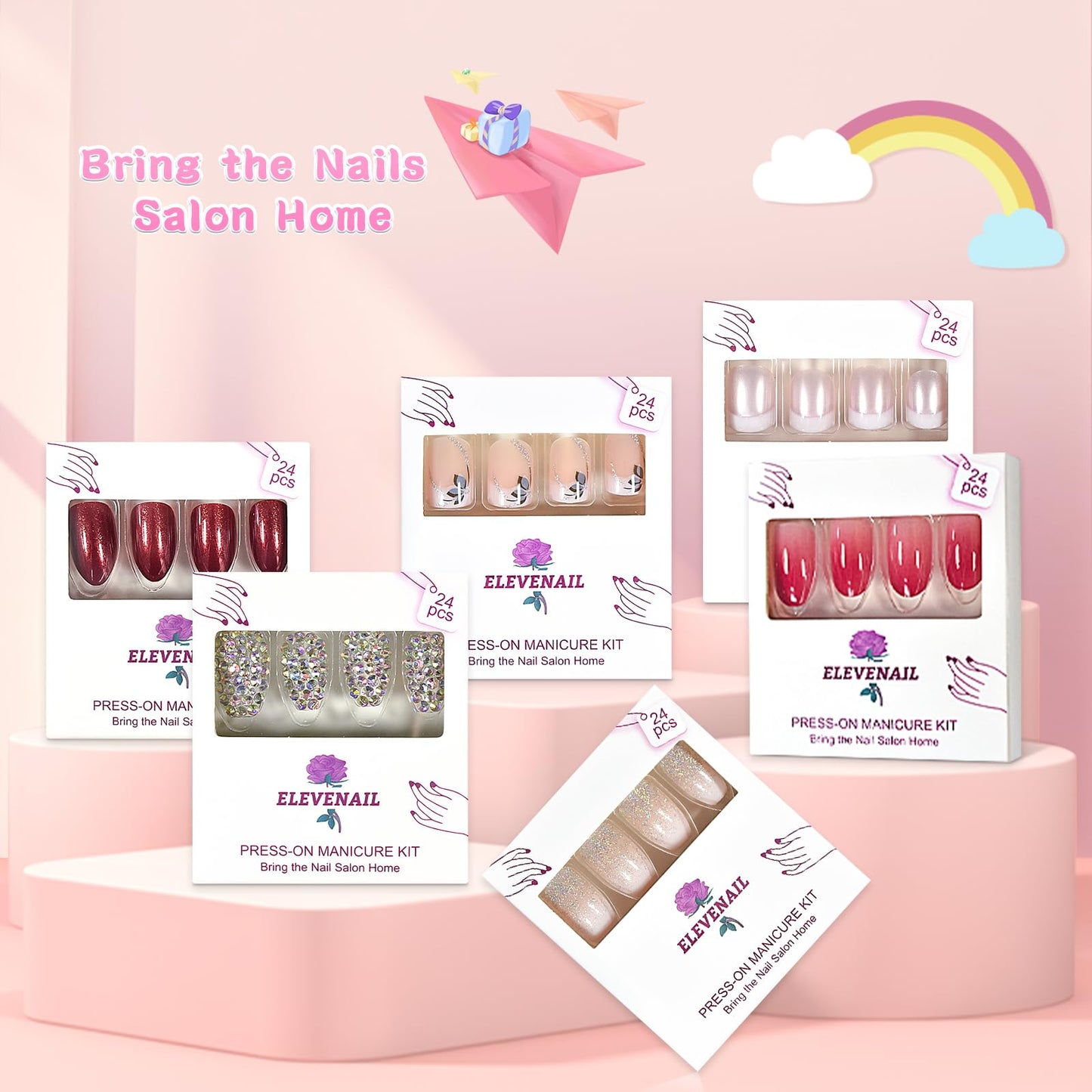 ELEVENAIL 24pcs Luxurious 3D Crystal Press on Nails Long Coffin False Nails Salon DIY Manicure Reusable Fake Acrylic Diamonds Handmade Nail Art Tips Gifts for Women Girls
