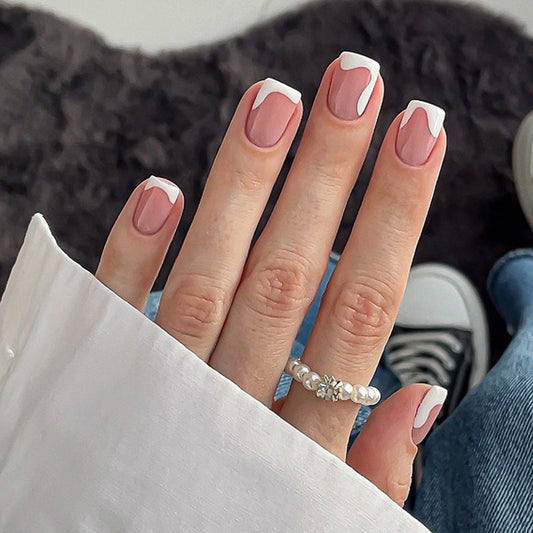 White French Tip Press on Nails Short Square MABKJLF Nude Fake Nails False Nails with Irregular Curve Line Designs Glossy Glue on Nails Acrylic Nails for Women Girls 24Pcs