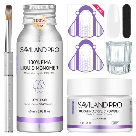SAVILAND Acrylic Nail Kit Low Odor: Bio-Sourced Nail Kit Acrylic Set with Bio-Based Keratin Clear Powder and Liquid Set Size 12 Kolinsky Brush File Forms & Tools for Professionals Home Salon Manicure