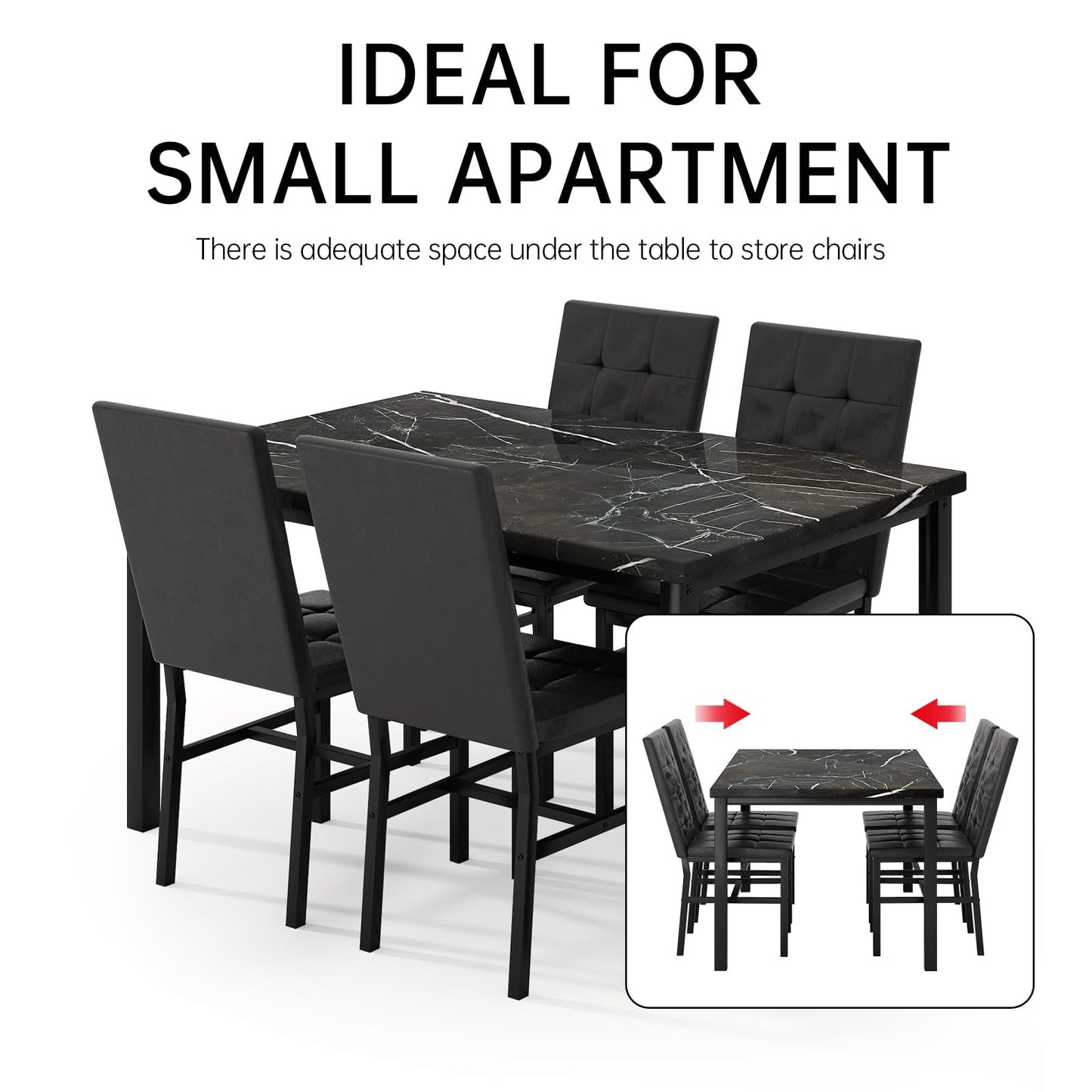 Hooseng Kitchen Table Set 5 Piece Dining Room Table Set Marble Dining Table 4 Chair Dining Table Set for Kitchen Living Room Breakfast Small Spaces (Black)