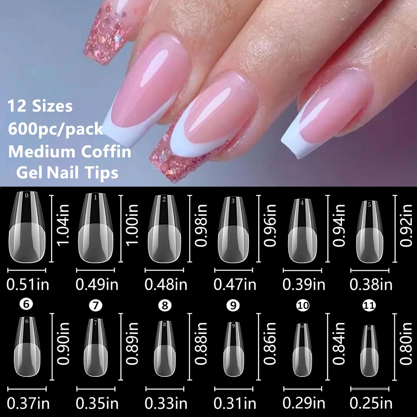 LoveOurHome 600pc Coffin Fake Nail Tips Clear Press on Nails Medium, Full Cover Gel Nail Tips Coffin Clear Medium Fake Nail Soft Gel False Nails Artificial Fingernails for Acrylic Nails Extension