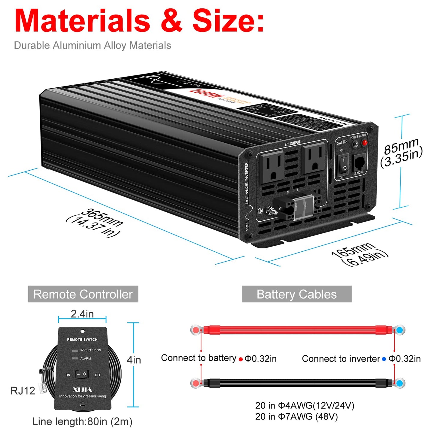 Xijia 2000W Pure Sine Wave Inverter，12V to 120V AC Converter for Home，Solar Systems，Remote and Bluetooth Control for Truck，Camping，with 2 AC Socket，Surge Power 4000W